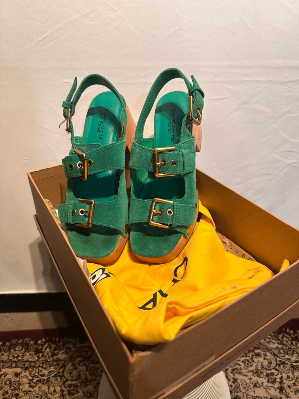 Charlotte Stone Lucia Emerald Green Suede Studded Clog Sandals - Picture 2 of 7